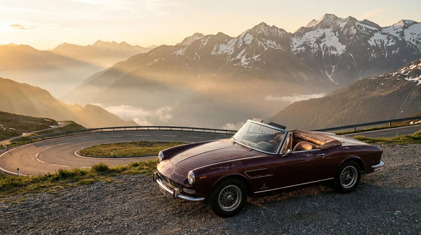 A classic convertible car at an alpine mountain pass viewpoint at sunrise