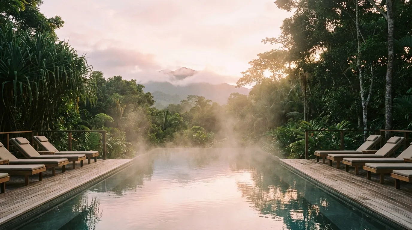 A serene infinity-edge spa pool at a tropical wellness retreat at dawn