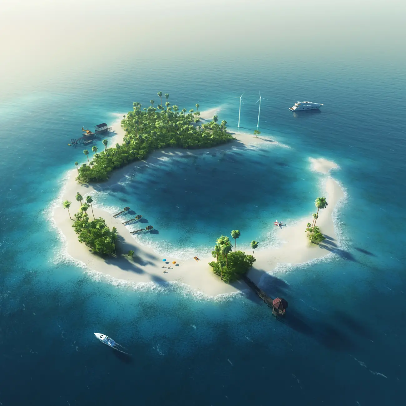 An aerial view of a secluded private island ringed by turquoise water
