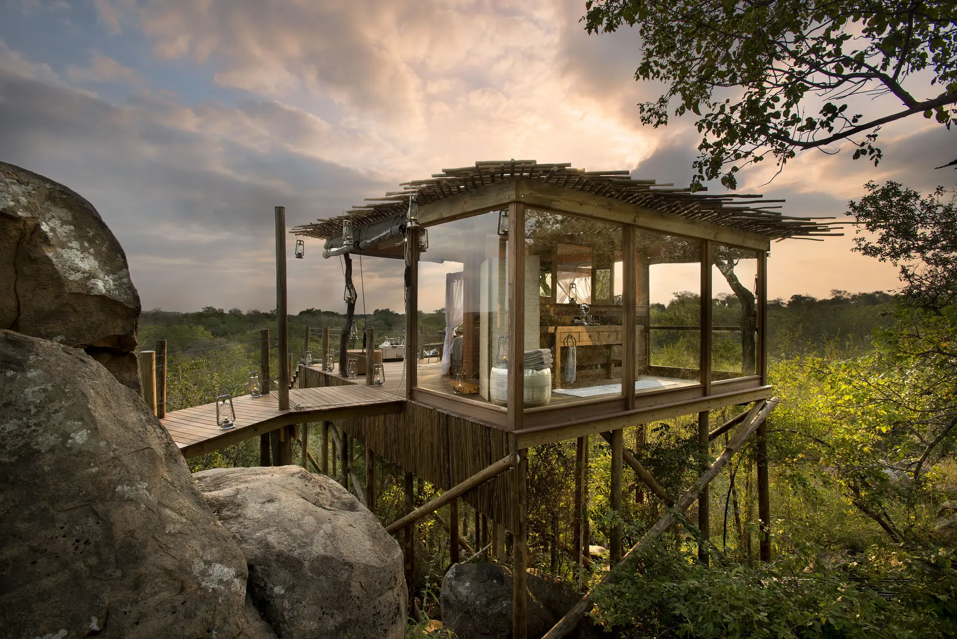 A glass-walled treehouse suite raised on stilts above the savanna at sunset