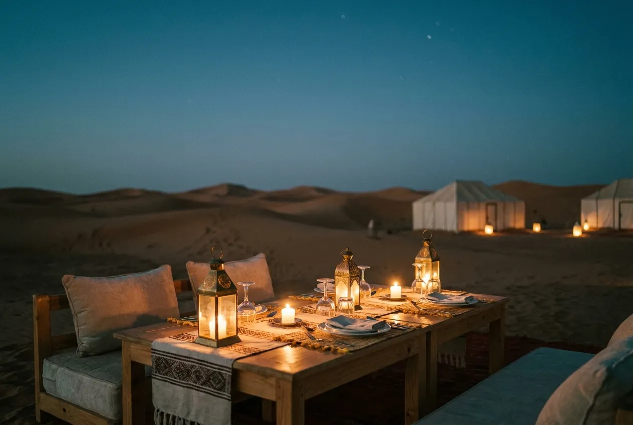 Private candlelit dinner among desert dunes under a starlit sky