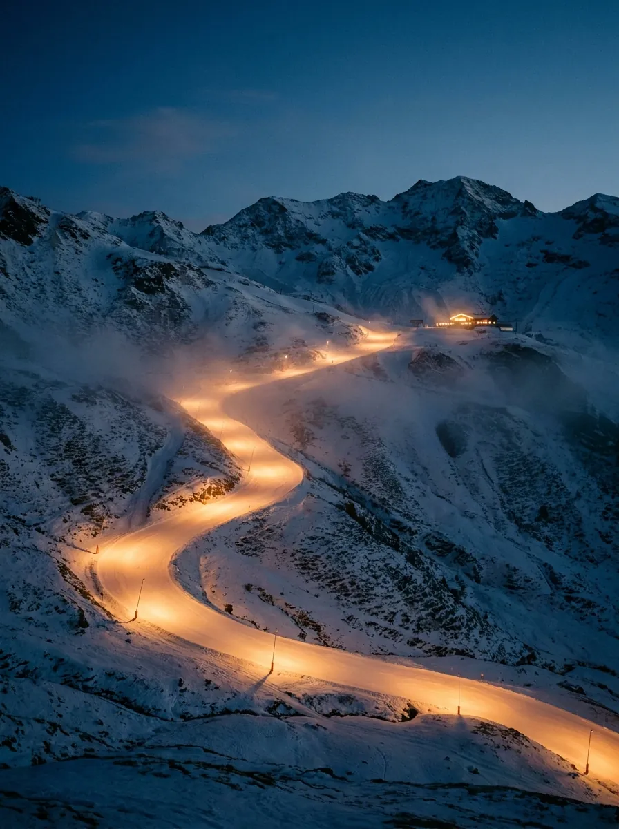 An illuminated ski piste winding down a snowy mountain at blue hour, a warm-lit summit restaurant above