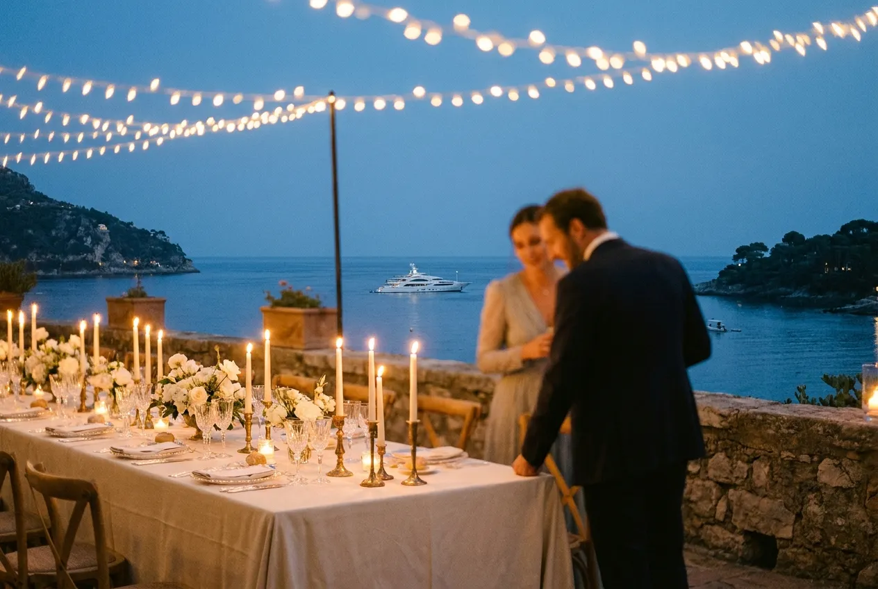 An intimate candlelit private terrace dinner at blue hour