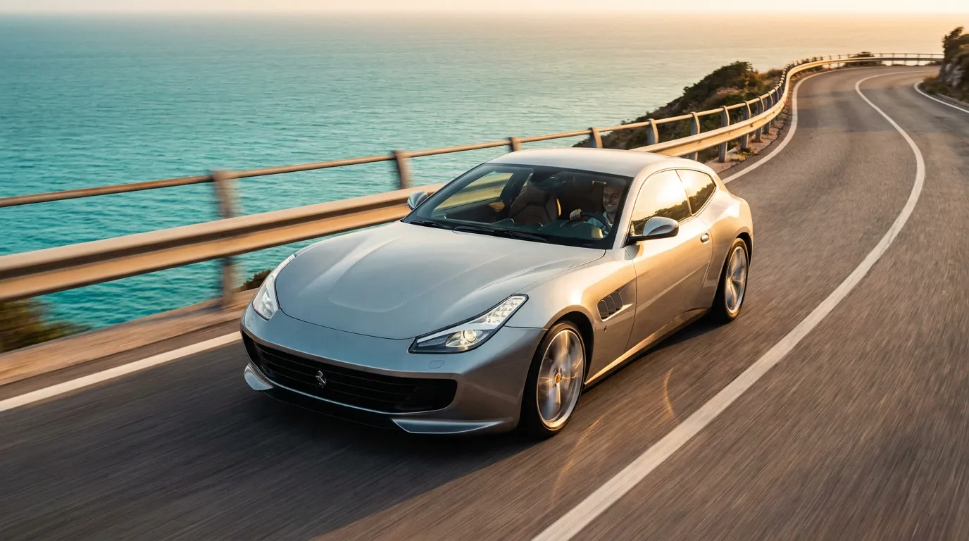 A silver luxury supercar carving along a dramatic coastal mountain road at sunset