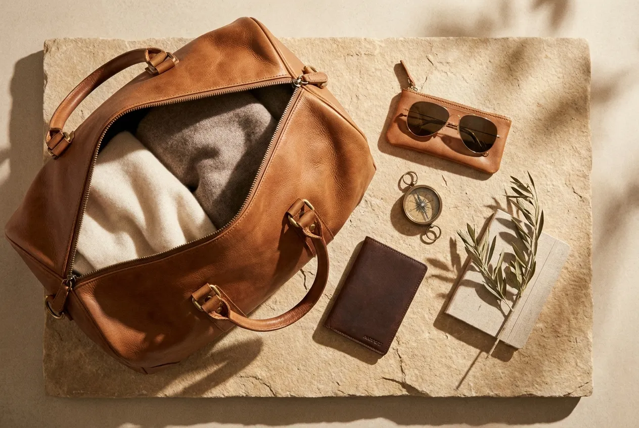 A styled flat-lay of refined luxury travel objects, leather holdall, cashmere scarf, sunglasses and a brass compass