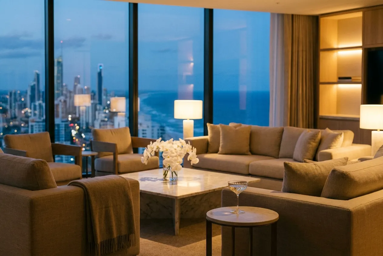 An opulent five-star hotel suite at dusk with floor-to-ceiling windows over a glittering coastal city