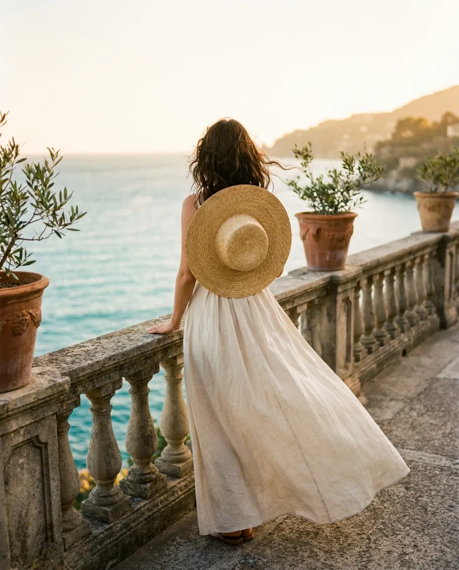 An elegant woman in a flowing linen dress on a sunlit Mediterranean terrace overlooking the sea