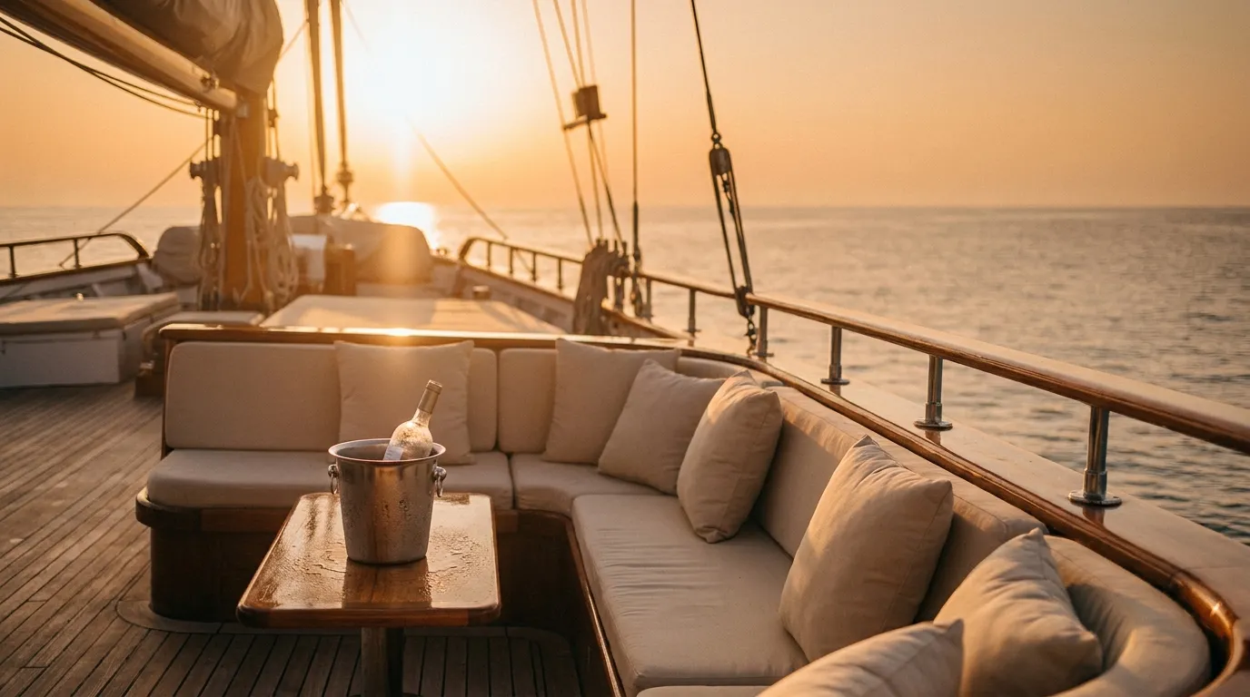 The teak deck of a luxury sailing yacht at golden hour over a calm open sea